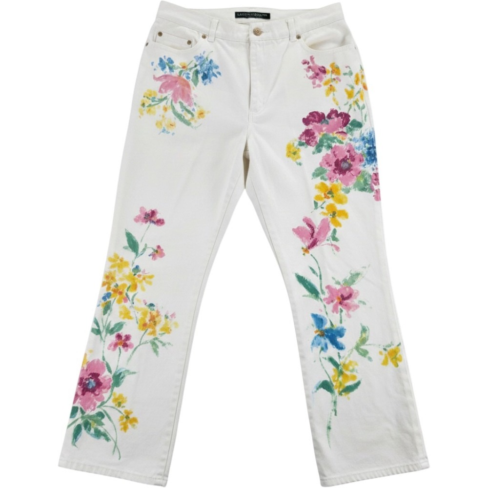 Lauren Ralph Lauren Jeans 12 White Floral Print Straight Leg Cotton Pants